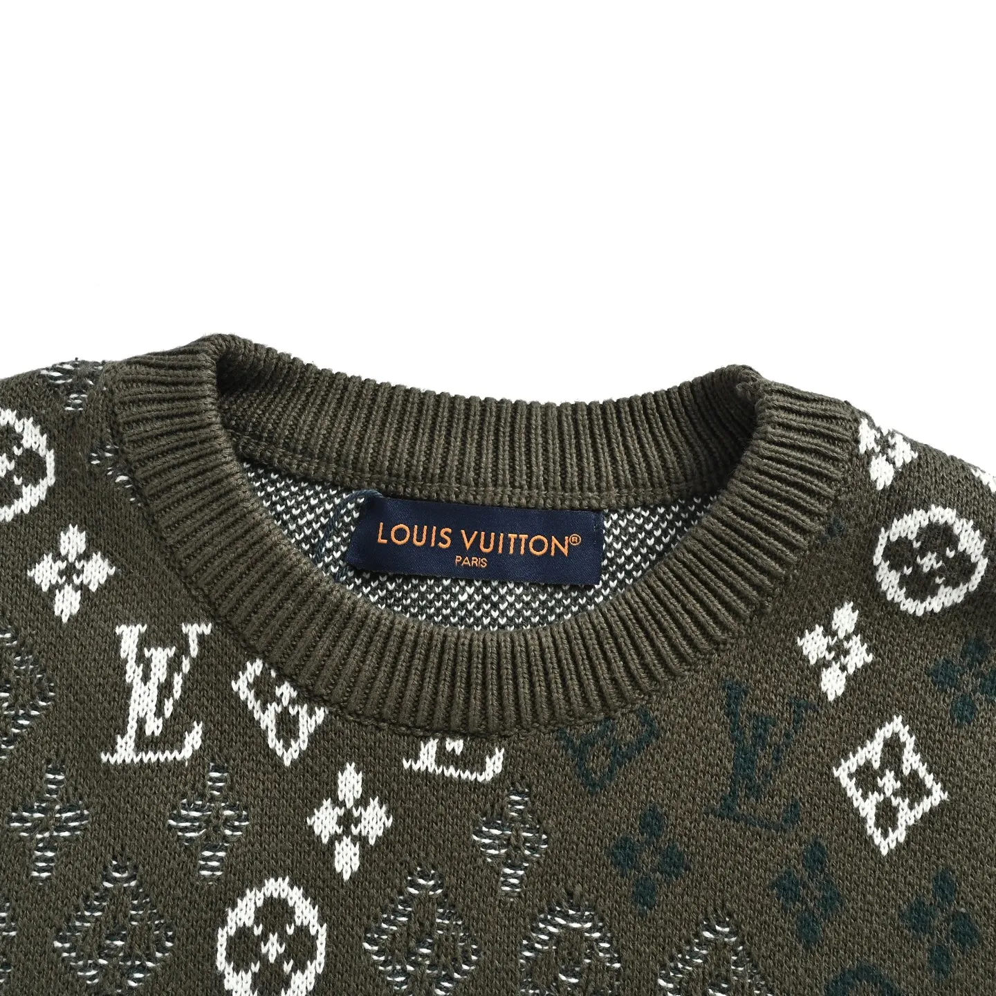 Louis Vuitton/Louis Vuitton military green old flower jacquard round neck knitted sweater